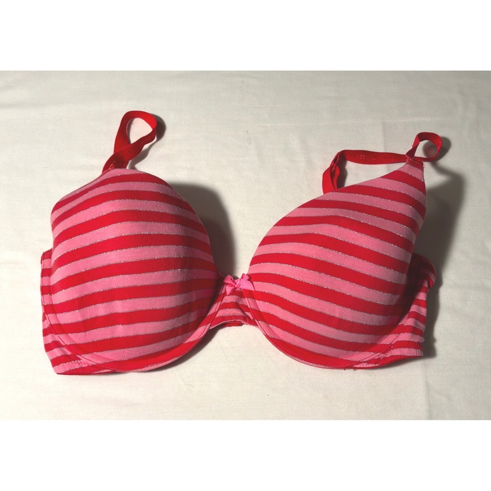 Victorias Secret Lined Demi Bra 36DD Red Pink Metallic Striped Underwire Cotton